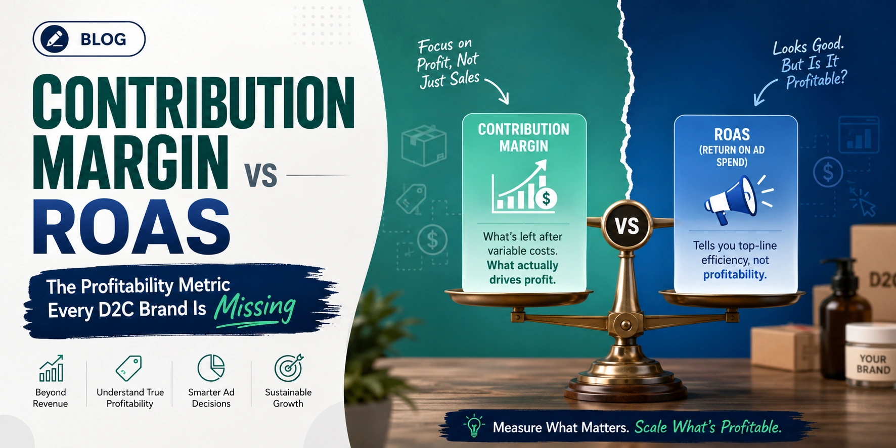 Blog banner comparing Contribution Margin vs ROAS, showing why Contribution Margin is the key profitability metric for D2C ecommerce brands